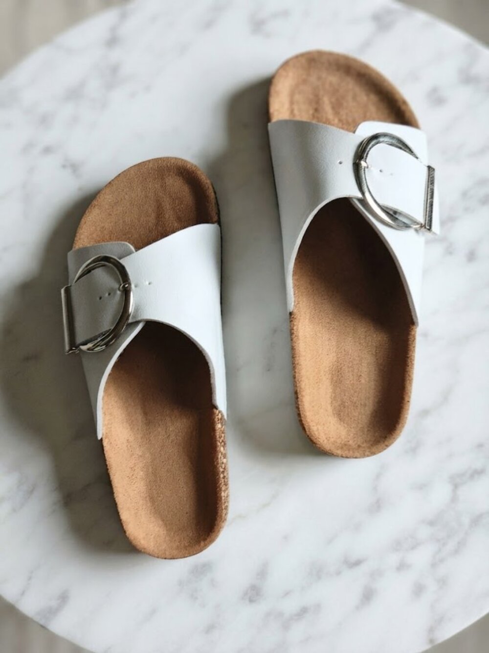 White Slide Sandals with Silver Buckle
